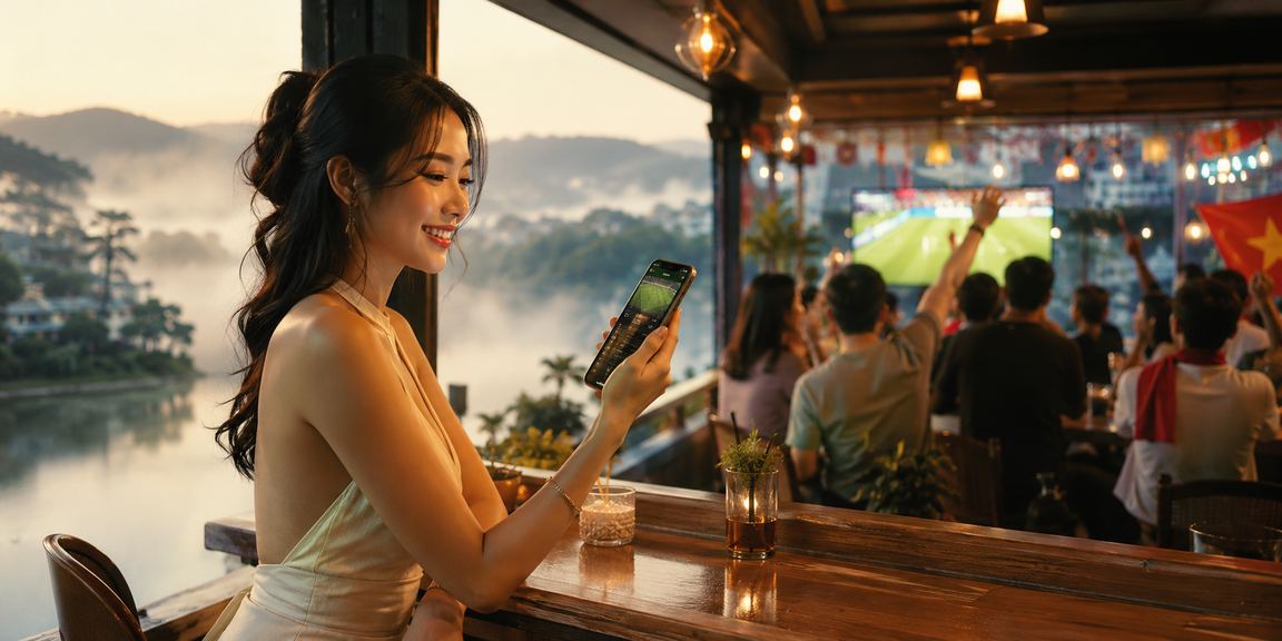 Người dùng tại Đà Lạt xem trang casino mobile trong không khí lễ hội buổi tối