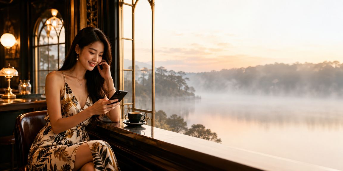 Người dùng tại Đà Lạt sử dụng điện thoại chơi casino trực tuyến trong không gian cà phê