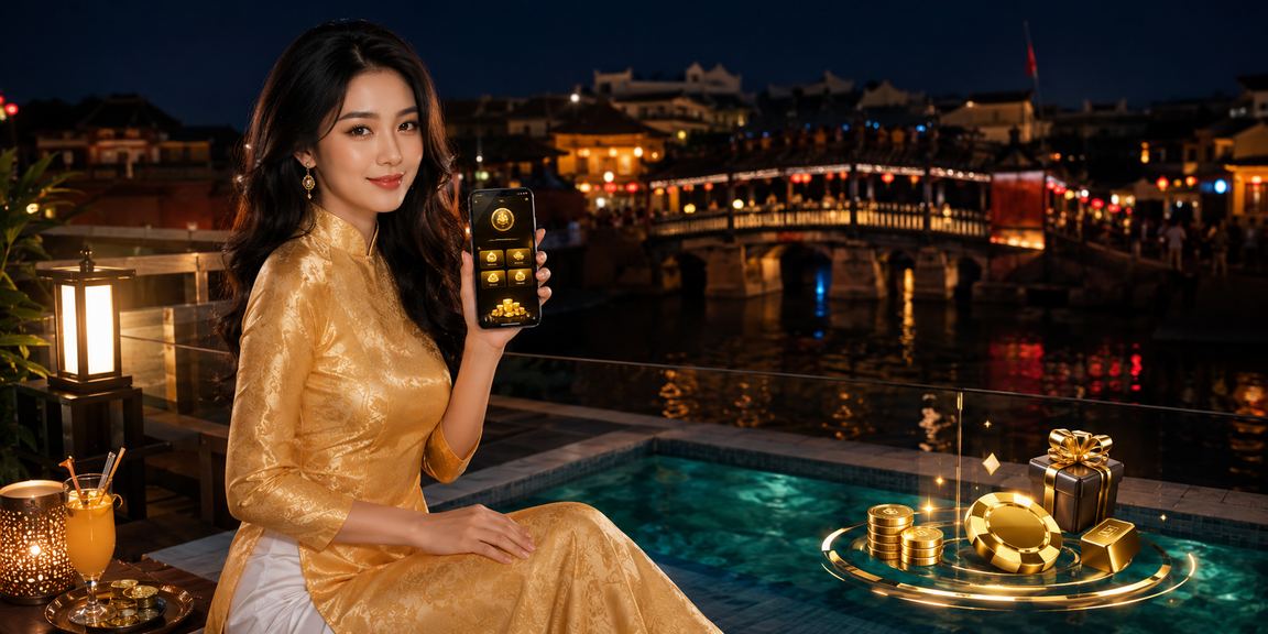 Phụ nữ mặc áo dài tại Hội An sử dụng ứng dụng casino trên điện thoại